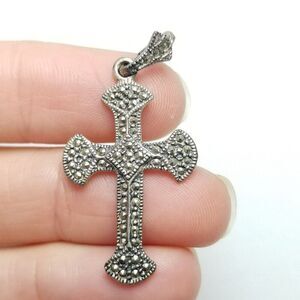 Vintage Sterling Silver and Marcasite Cross Pendant, Signed HAN 925, Estate